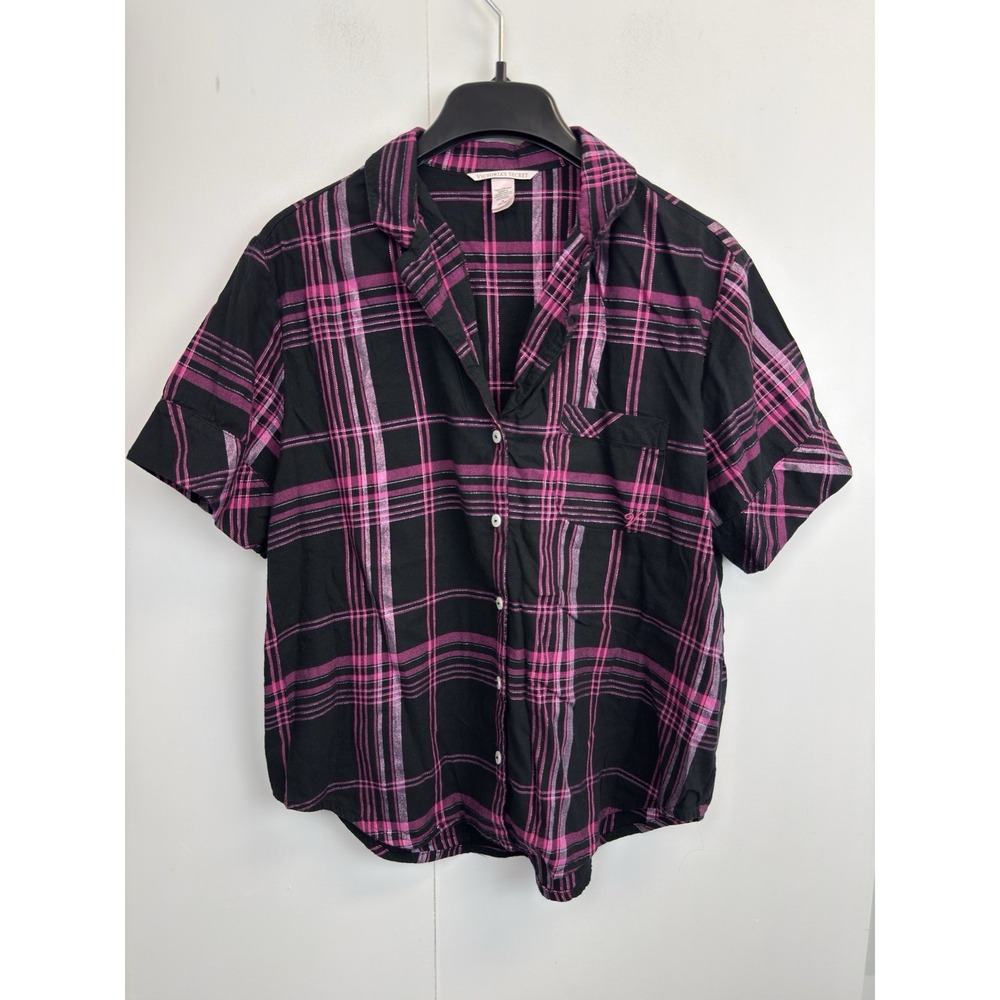 Victoria's Secret Women's M Black & Pink Tartan Plaid Lurex Button Up Pajama Top